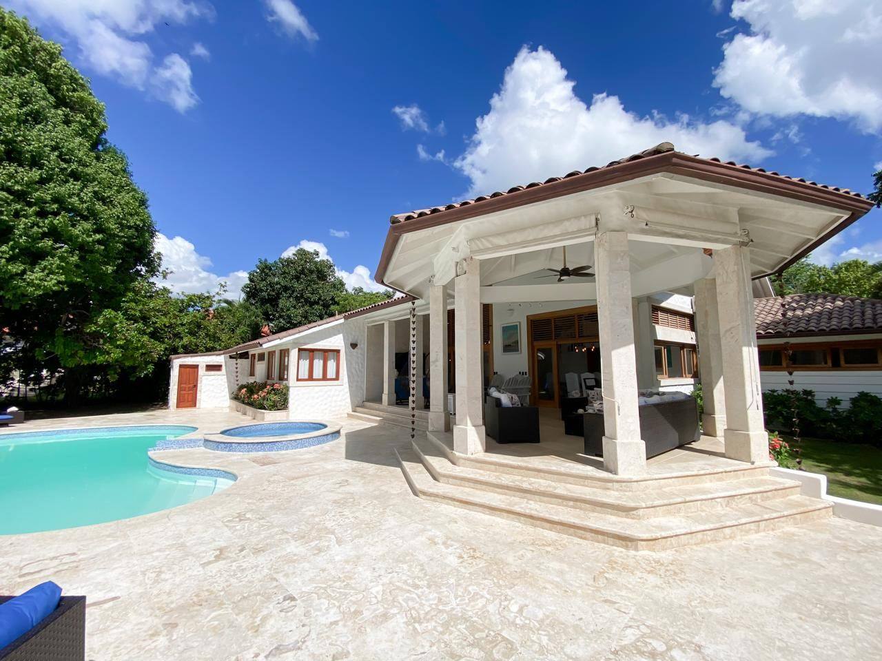 Pavilion and pool at Cajuiles Private Pool Estate in the evening