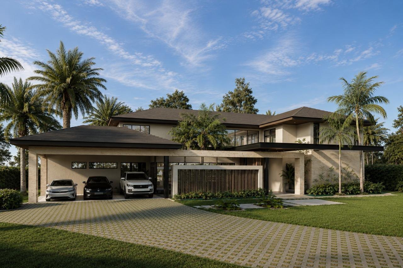 Architectural render of the new five-bedroom villa in El Bosque, front facade and covered parking