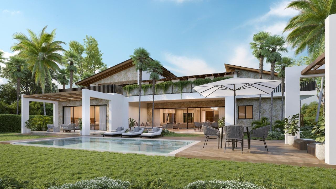 Architectural render of the new villa project in El Bosque, pool and rear terrace