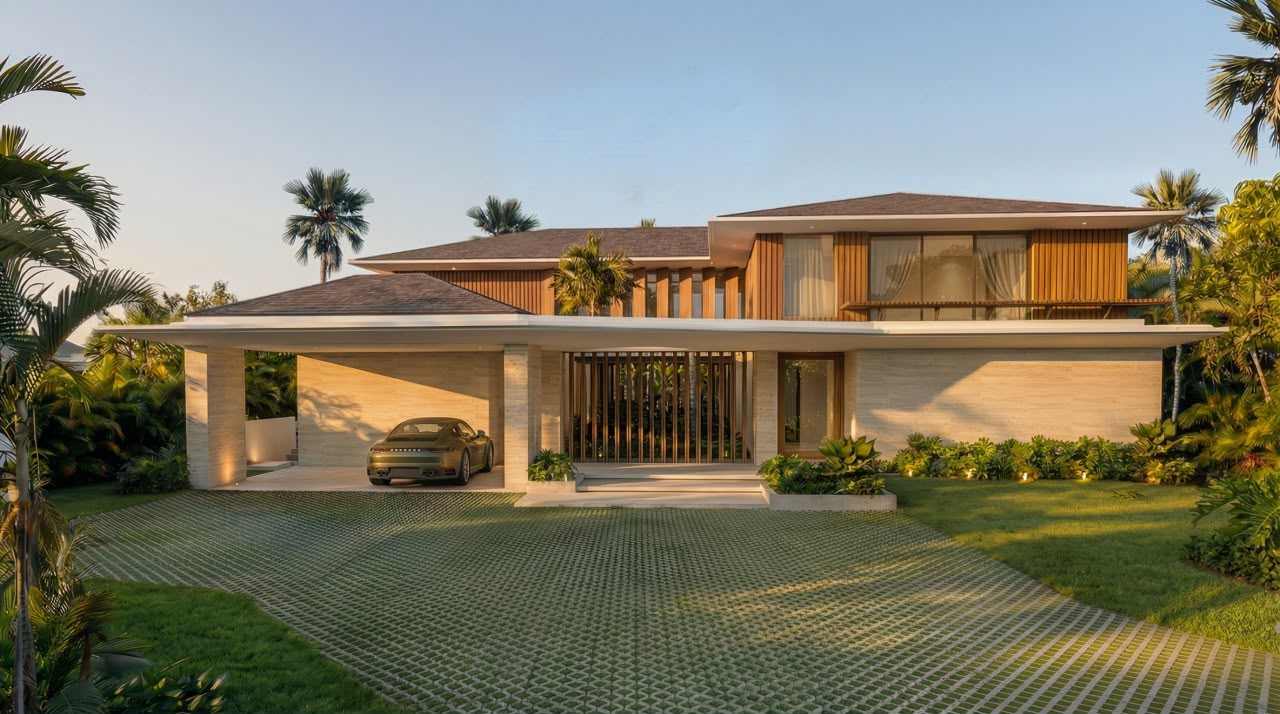Architectural render of the contemporary five-bedroom villa in El Bosque, front facade and covered parking