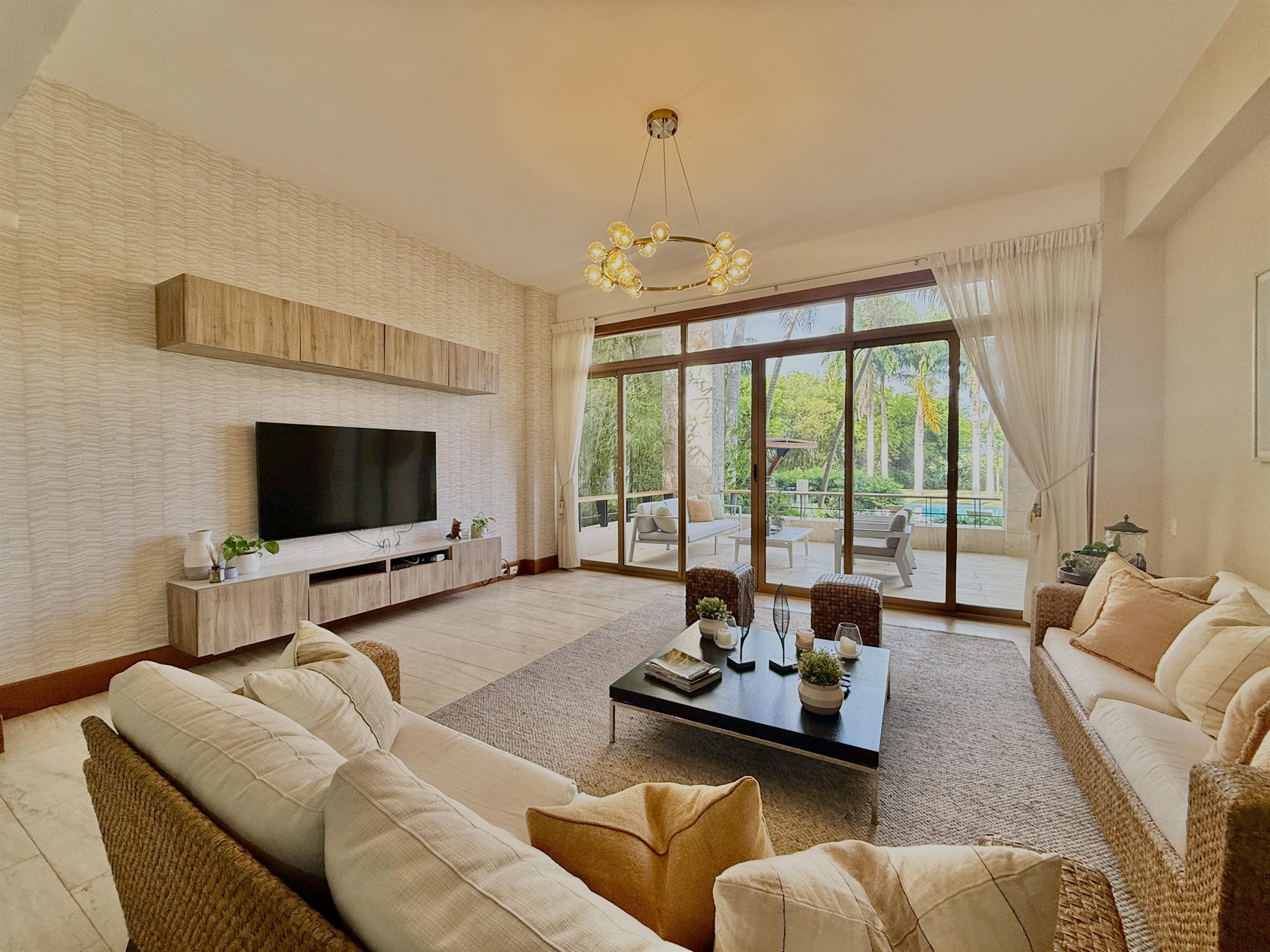 Living room of the Los Altos golf-view apartment
